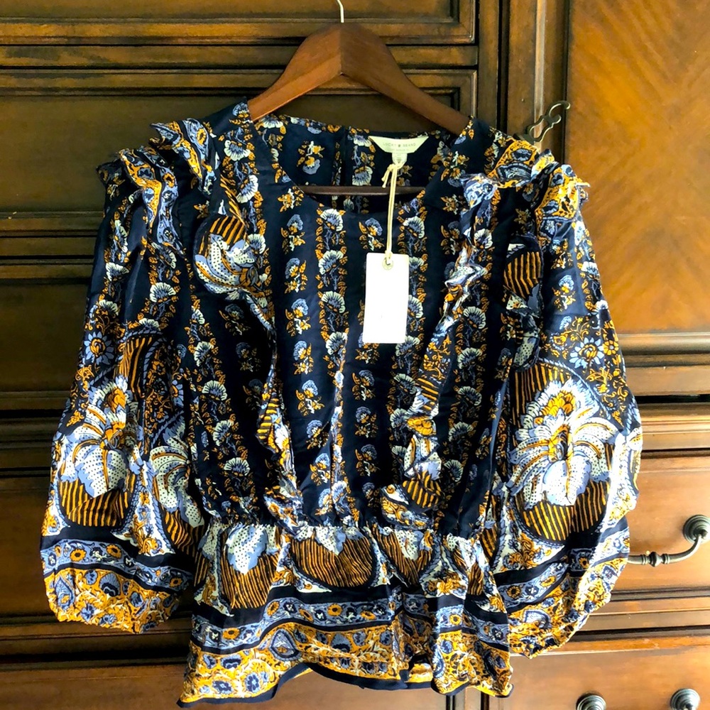 Lucky Brand Floral Boho Ruffles Navy Top Med NEW